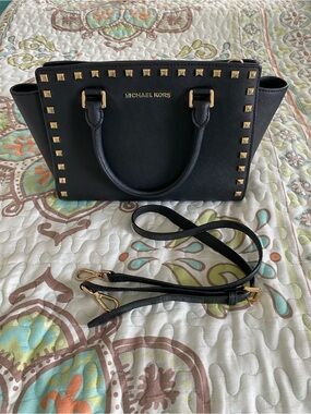 BUY NOW PRICE ~ MICHAEL KORS Black Studded Saffiano Leather Satchel with Strap